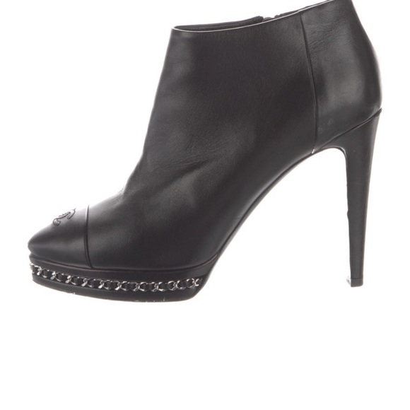 Black Chanel Leather Ankle Boots,
CC Logo & Chain-Link Accent. - Picture 2 of 2